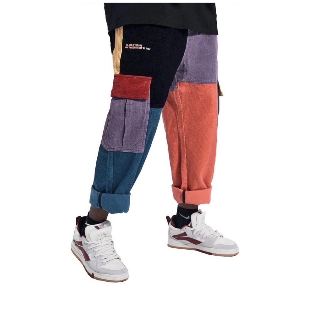 Aelfric Eden Men's XL Color Block Patchwork Corduroy Cargo Pants 90's Streetwear